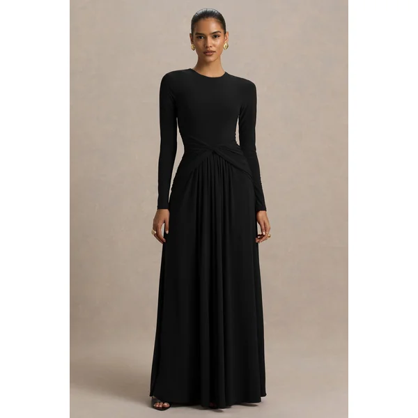 Estrella | Robe longue noire à haute encolure avec détails froncés