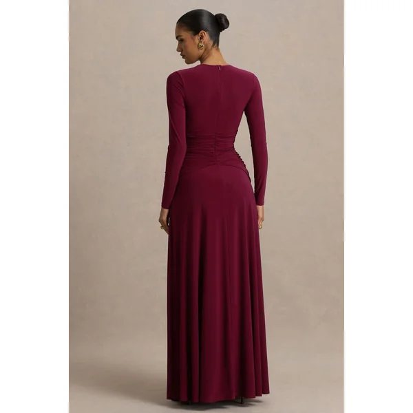 Estrella | Robe longue à haute encolure bordeaux avec détails froncés