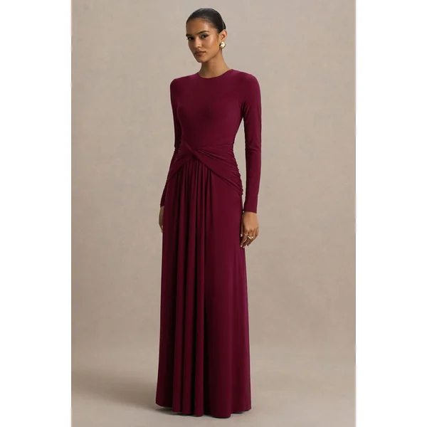 Estrella | Robe longue à haute encolure bordeaux avec détails froncés