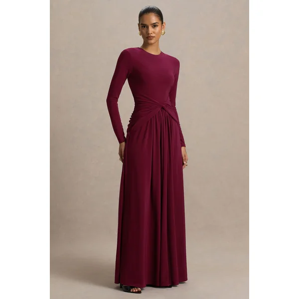 Estrella | Robe longue à haute encolure bordeaux avec détails froncés