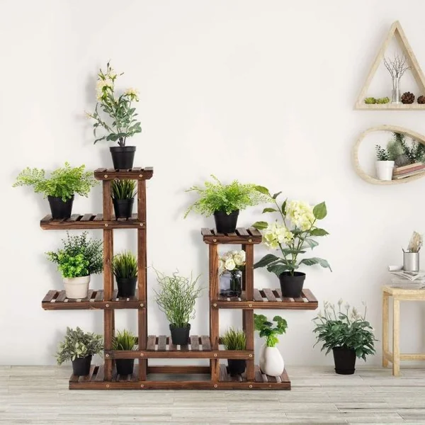 Etagère d’Affichage Support de Pot de Fleurs à 6 Niveaux Décalés en Bois de Sapin, 119x25x96cm, Naturel