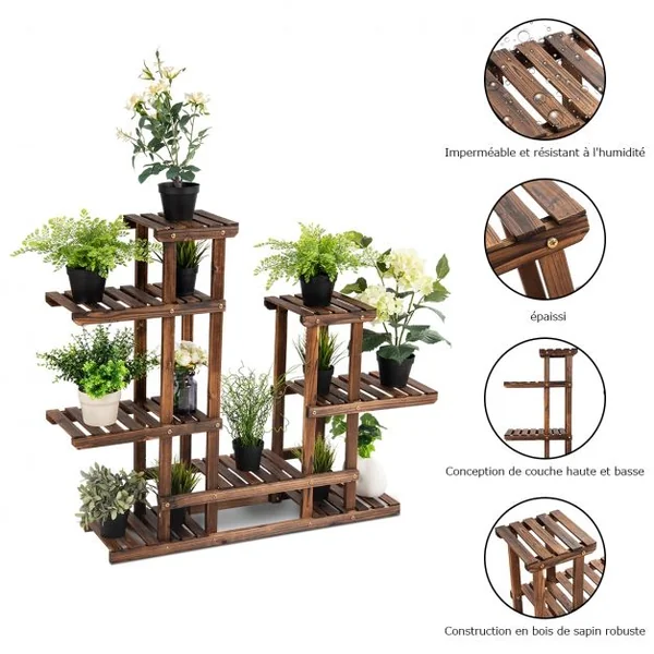 Etagère d’Affichage Support de Pot de Fleurs à 6 Niveaux Décalés en Bois de Sapin, 119x25x96cm, Naturel