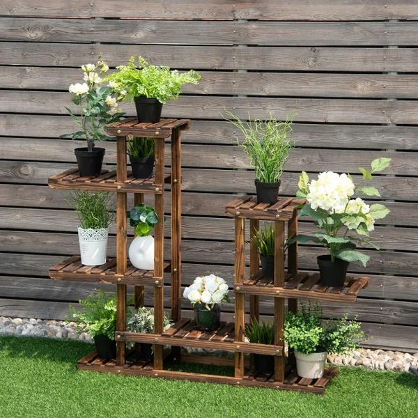 Etagère d’Affichage Support de Pot de Fleurs à 6 Niveaux Décalés en Bois de Sapin, 119x25x96cm, Naturel