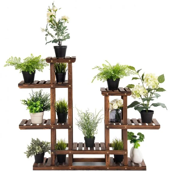 Etagère d’Affichage Support de Pot de Fleurs à 6 Niveaux Décalés en Bois de Sapin, 119x25x96cm, Naturel