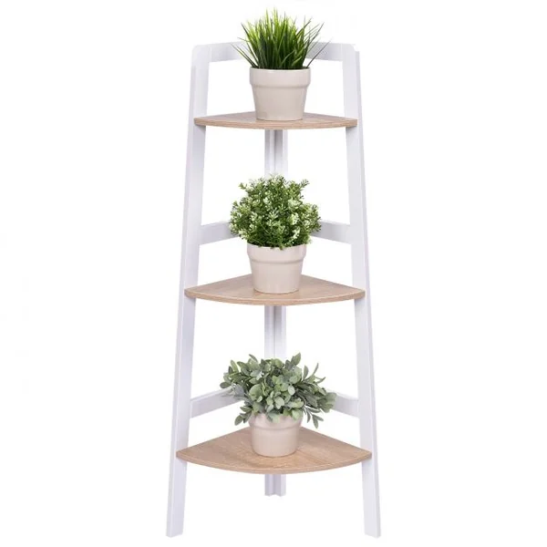 Etagère d'angle Meuble d'angle à 3 niveaux Bibliothèque Support de plantes en MDF, 32x32x103cm, Blanc-naturel