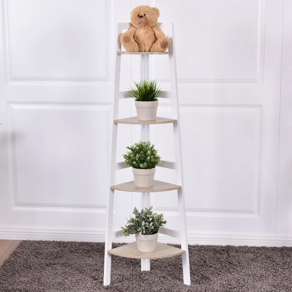 Etagère d'angle Meuble d'angle à 4 niveaux Bibliothèque Support de plantes en MDF, 32x32x138cm, Blanc-naturel