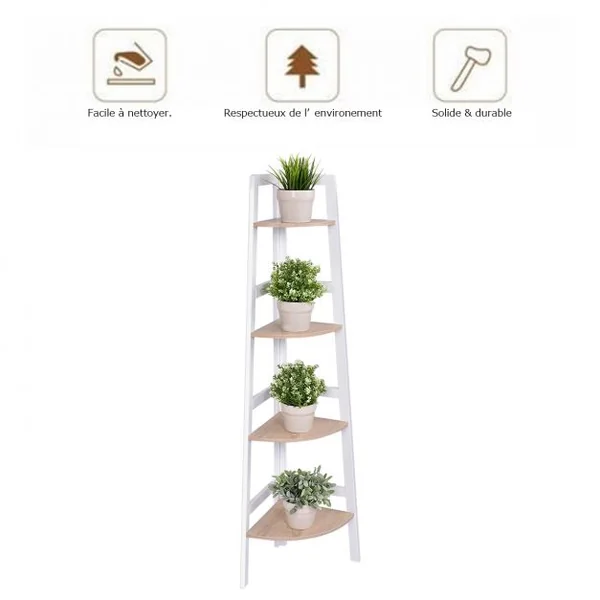Etagère d'angle Meuble d'angle à 4 niveaux Bibliothèque Support de plantes en MDF, 32x32x138cm, Blanc-naturel