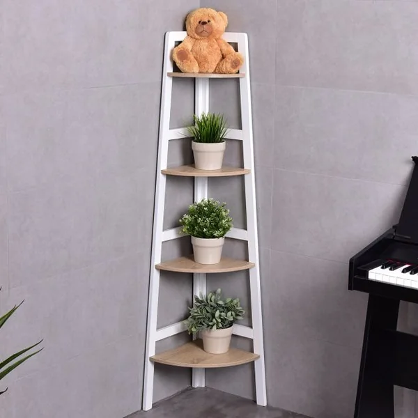 Etagère d'angle Meuble d'angle à 4 niveaux Bibliothèque Support de plantes en MDF, 32x32x138cm, Blanc-naturel