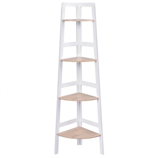 Etagère d'angle Meuble d'angle à 4 niveaux Bibliothèque Support de plantes en MDF, 32x32x138cm, Blanc-naturel