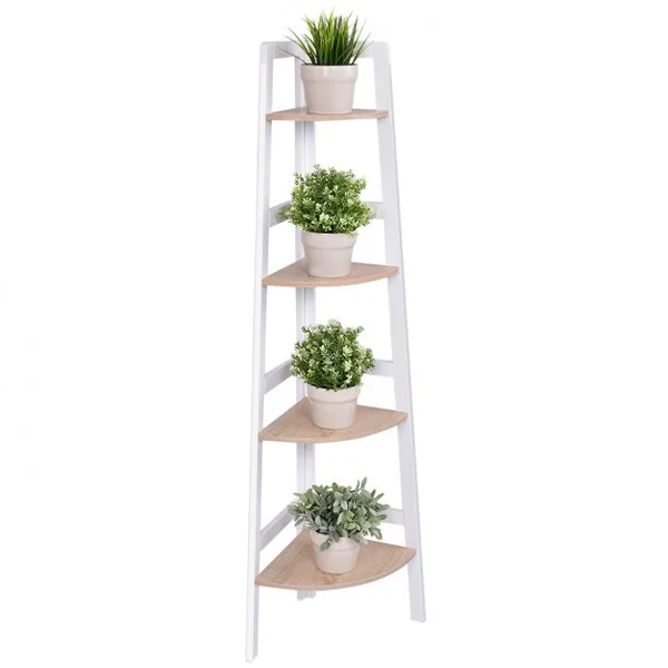 Etagère d'angle Meuble d'angle à 4 niveaux Bibliothèque Support de plantes en MDF, 32x32x138cm, Blanc-naturel