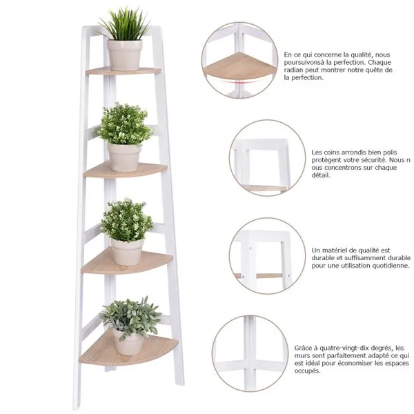 Etagère d'angle Meuble d'angle à 4 niveaux Bibliothèque Support de plantes en MDF, 32x32x138cm, Blanc-naturel