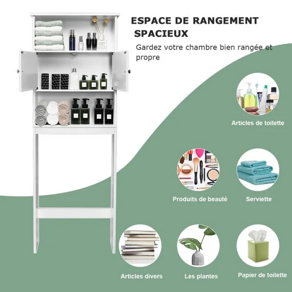 Etagère de Rangement au Dessus de WC ou Lave-linge avec Placard avec Portes 63 x 19,5 x 175 cm