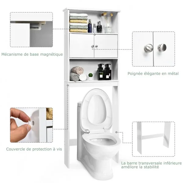 Etagère de Rangement au Dessus de WC ou Lave-linge avec Placard avec Portes 63 x 19,5 x 175 cm