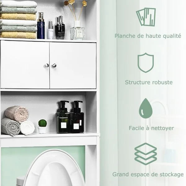 Etagère de Rangement au Dessus de WC ou Lave-linge avec Placard avec Portes 63 x 19,5 x 175 cm