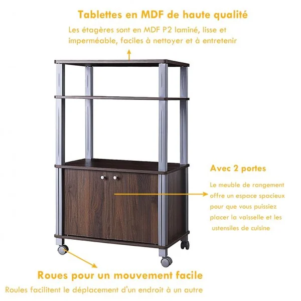 Etagère de Rangement Roulante Chariot de Cuisine Roulant pour Micro-ondes en Mdf 60x395x93-975cm Brun