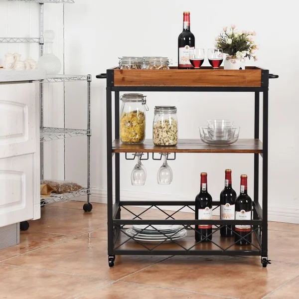 Etagère de Rangement Roulante Chariot de Cuisine Roulant à 3 Niveaux en Bois de Sapin & Métal 78x46x825cm Brun Foncé