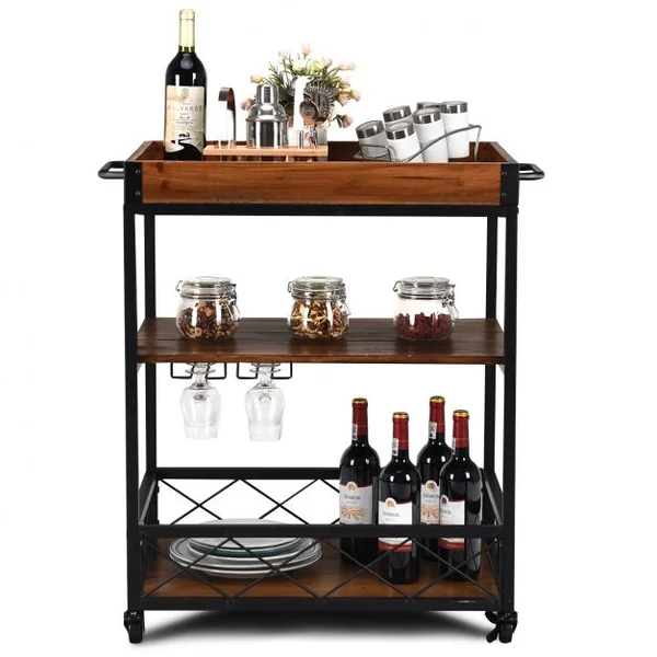 Etagère de Rangement Roulante Chariot de Cuisine Roulant à 3 Niveaux en Bois de Sapin & Métal 78x46x825cm Brun Foncé