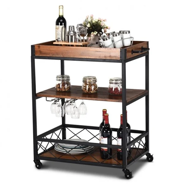 Etagère de Rangement Roulante Chariot de Cuisine Roulant à 3 Niveaux en Bois de Sapin & Métal 78x46x825cm Brun Foncé