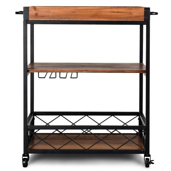 Etagère de Rangement Roulante Chariot de Cuisine Roulant à 3 Niveaux en Bois de Sapin & Métal 78x46x825cm Brun Foncé