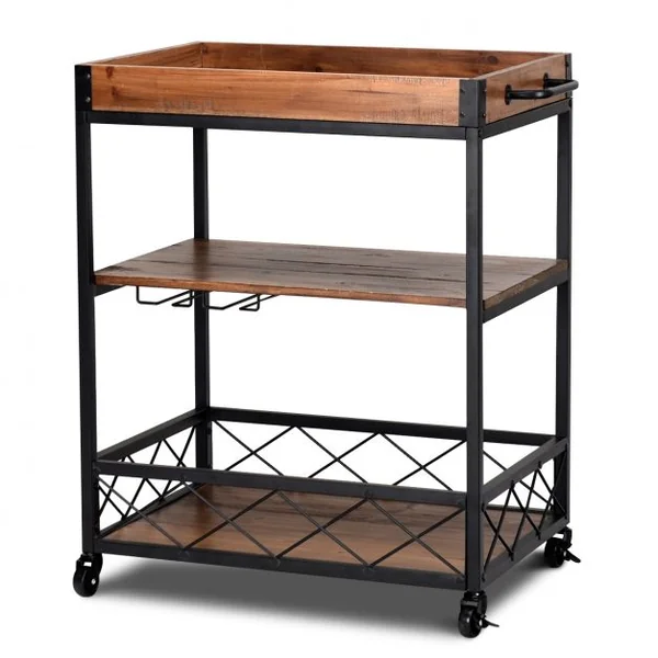 Etagère de Rangement Roulante Chariot de Cuisine Roulant à 3 Niveaux en Bois de Sapin & Métal 78x46x825cm Brun Foncé