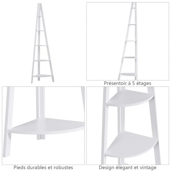 Etagère de rangement à 5 étages en forme d’échelle en MDF Etagère d’angle triangulaire 39x39x175cm Blanc