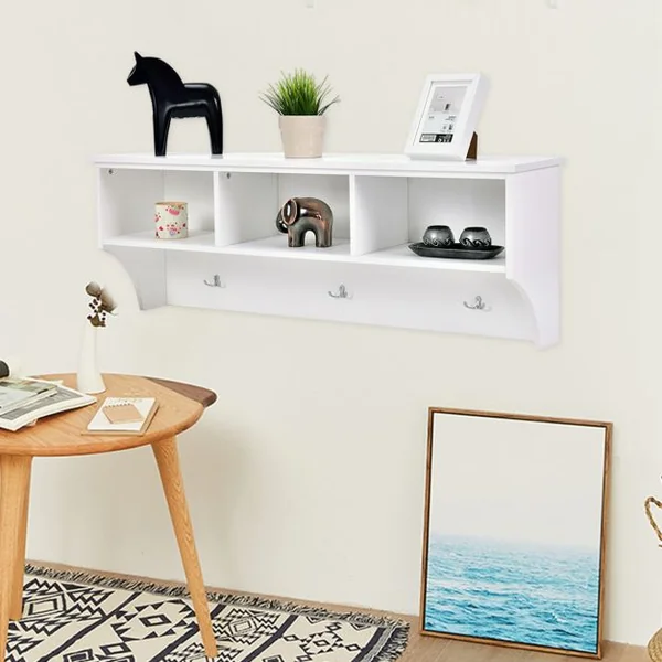 Etagère murale 3 porte-manteaux Meuble d’entrée, Salle de bain, Métal et MDF, 120 x 30 x 43 cm, Blanc