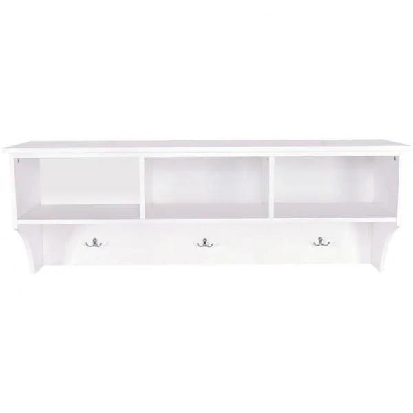 Etagère murale 3 porte-manteaux Meuble d’entrée, Salle de bain, Métal et MDF, 120 x 30 x 43 cm, Blanc