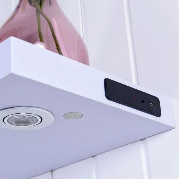 Etagère murale avec éclairage LED en MDF+PVC Tablette murale avec 2 spots LED de 1 Watt, 80 x 24 x 4 cm, Blanc