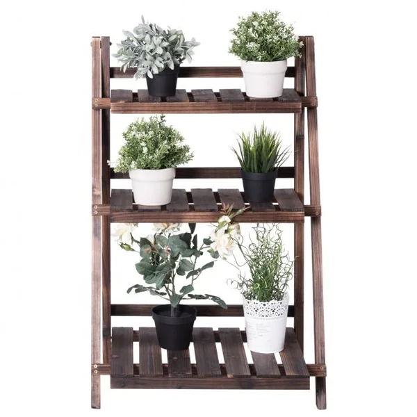 Etagère Pliable pour Plantes à 3 Niveaux de Largeurs Différentes Capacité 12 KG en Bois de Sapin 59x38x92 cm Marron