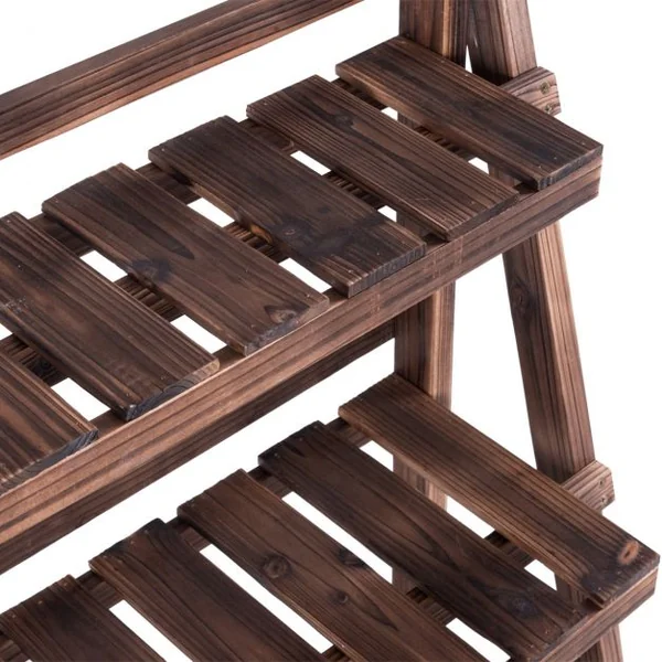 Etagère Pliable pour Plantes à 3 Niveaux de Largeurs Différentes Capacité 12 KG en Bois de Sapin 59x38x92 cm Marron