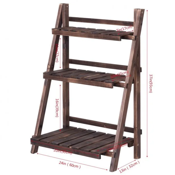 Etagère Pliable pour Plantes à 3 Niveaux de Largeurs Différentes Capacité 12 KG en Bois de Sapin 59x38x92 cm Marron