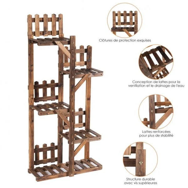 Etagère à 5 Niveaux Meuble Décoratif avec Cadre Stable et Robuste en Bois Massif Naturel 60x26x130 cm Marron