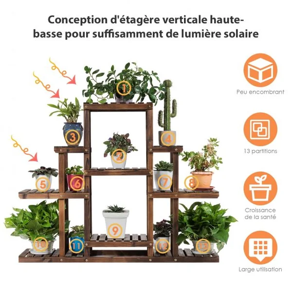 Etagère à 6 Niveaux Meuble Décoratif avec Cadre Stable et Robuste en Bois Massif Naturel 120x25x96 cm Marron