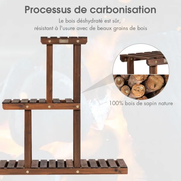 Etagère à Fleurs en Bois à 3 Niveaux Porte Fleurs en Echelle Verticale Capacité Charge.30KG