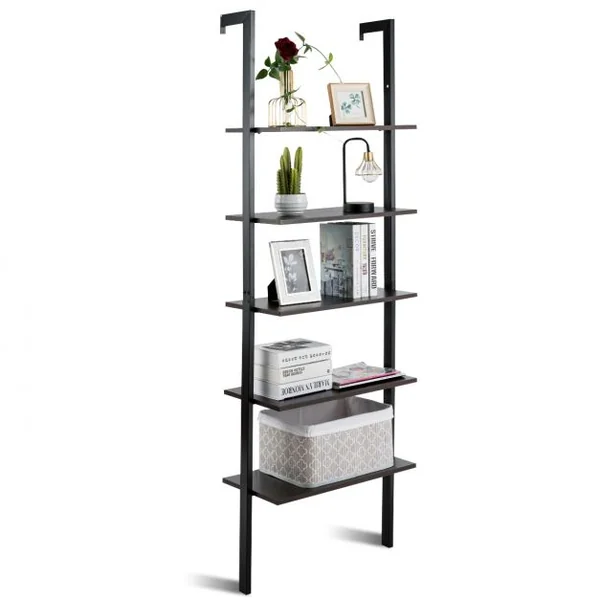 Etagère Échelle à 5 Niveaux Etagère de Rangement Inclinable Capacité Tablette 5 Kg en Mdf et Métal 61x30x183cm Noir
