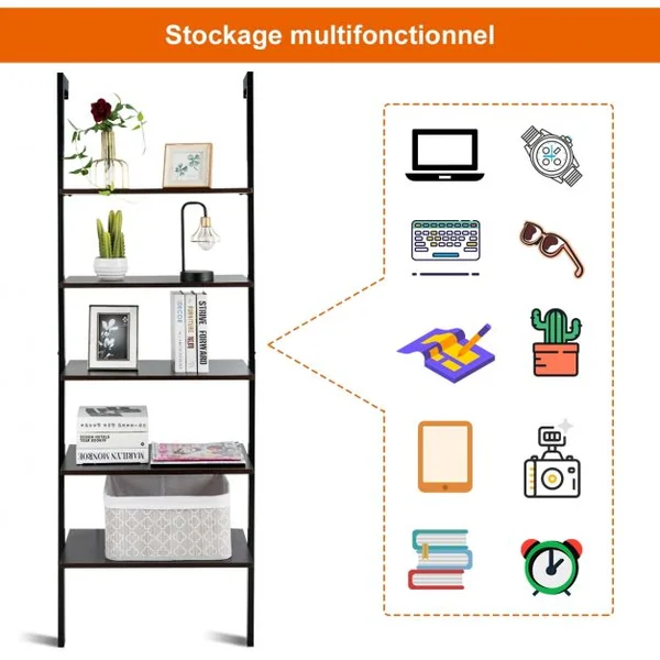 Etagère Échelle à 5 Niveaux Etagère de Rangement Inclinable Capacité Tablette 5 Kg en Mdf et Métal 61x30x183cm Noir