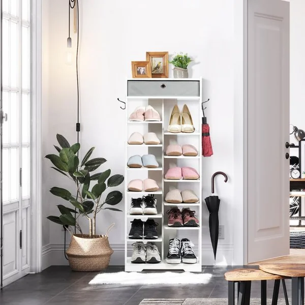 Etagères à Chaussures en Bois avec Tiroir et Crochets Rangement de Multiples Niveaux 50 x 25 x 128cm