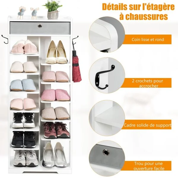Etagères à Chaussures en Bois avec Tiroir et Crochets Rangement de Multiples Niveaux 50 x 25 x 128cm