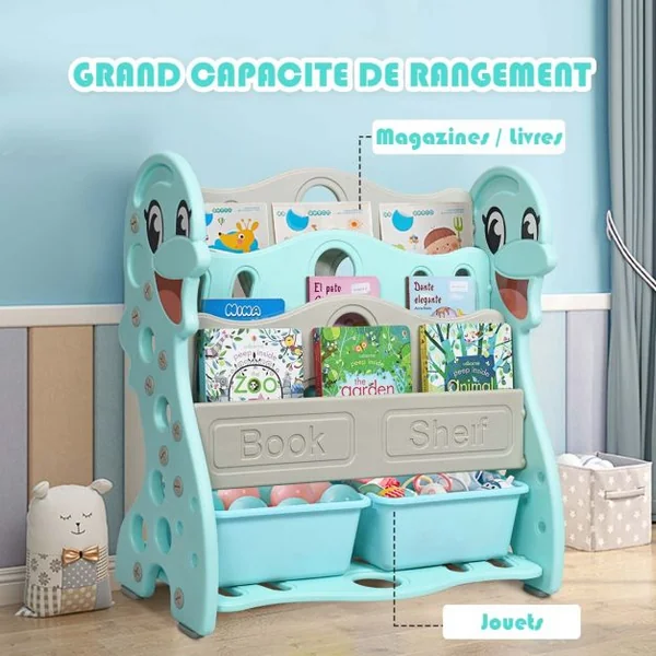 Etagères à Livres Enfants Transformable en 3 ou 4 Etages Forme Dauphin Coins Arrondis Vert