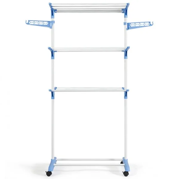 Etente à Linge Séchoir à Linge Pliable 3 Etagères Ailes Latérales 2 Crochets Latéraux en Pp+fer 72x55x153cm Bleu
