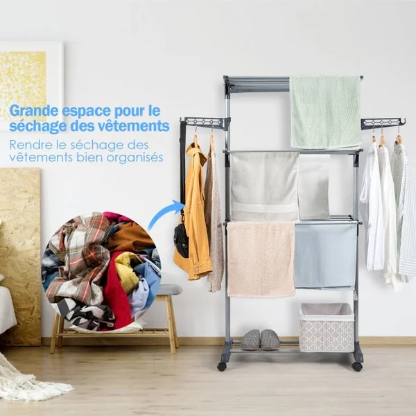 Etente à Linge Séchoir à Linge Pliable 3 Etagères Ailes Latérales 2 Crochets Latéraux en Pp+fer 72x55x153cm Bleu