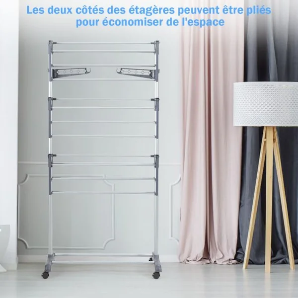 Etente à Linge Séchoir à Linge Pliable 3 Etagères Ailes Latérales 2 Crochets Latéraux en Pp+fer 72x55x153cm Bleu