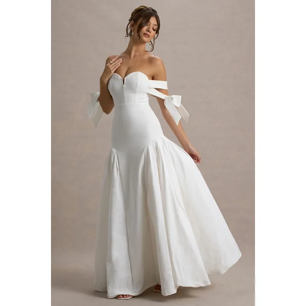 Ethel | Robe Longue Bardot Blanche et Crème avec Jupe Volumineuse