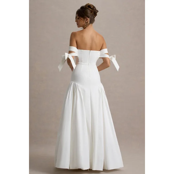 Ethel | Robe Longue Bardot Blanche et Crème avec Jupe Volumineuse
