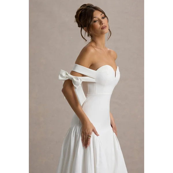 Ethel | Robe Longue Bardot Blanche et Crème avec Jupe Volumineuse
