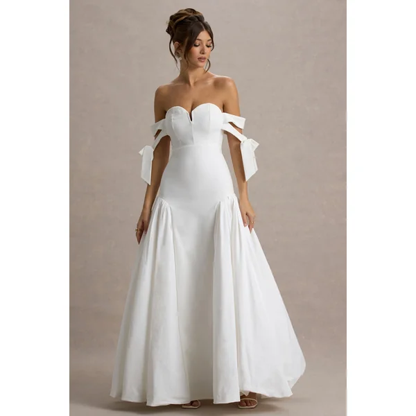 Ethel | Robe Longue Bardot Blanche et Crème avec Jupe Volumineuse