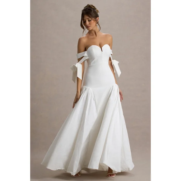 Ethel | Robe Longue Bardot Blanche et Crème avec Jupe Volumineuse