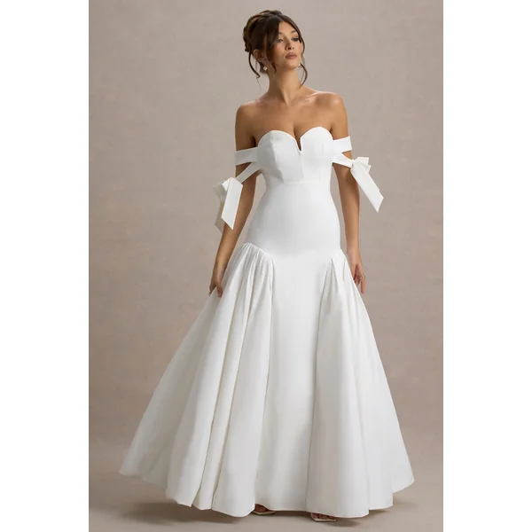 Ethel | Robe Longue Bardot Blanche et Crème avec Jupe Volumineuse