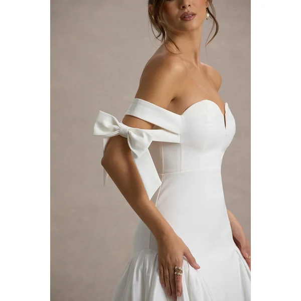 Ethel | Robe Longue Bardot Blanche et Crème avec Jupe Volumineuse