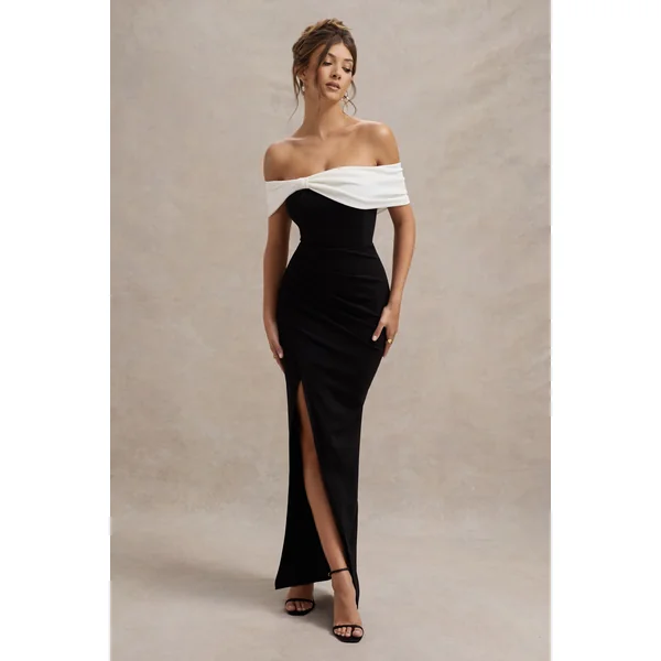 Eva | Robe longue bardot noire et blanche avec nœud et fente